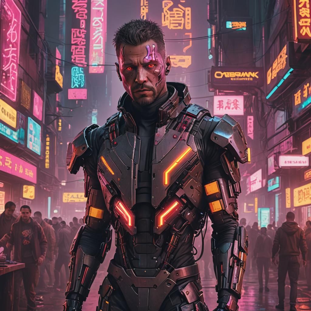 Cybernetic Overmind: Cyborg in Cyberpunk 2099 Neon Style