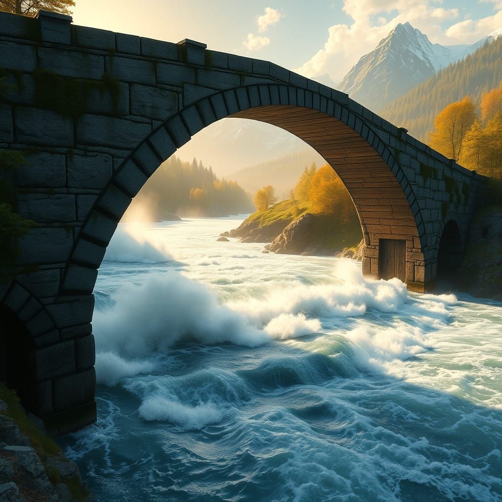 Ancient Bridge Spanning Turbulent River in Lush Forest