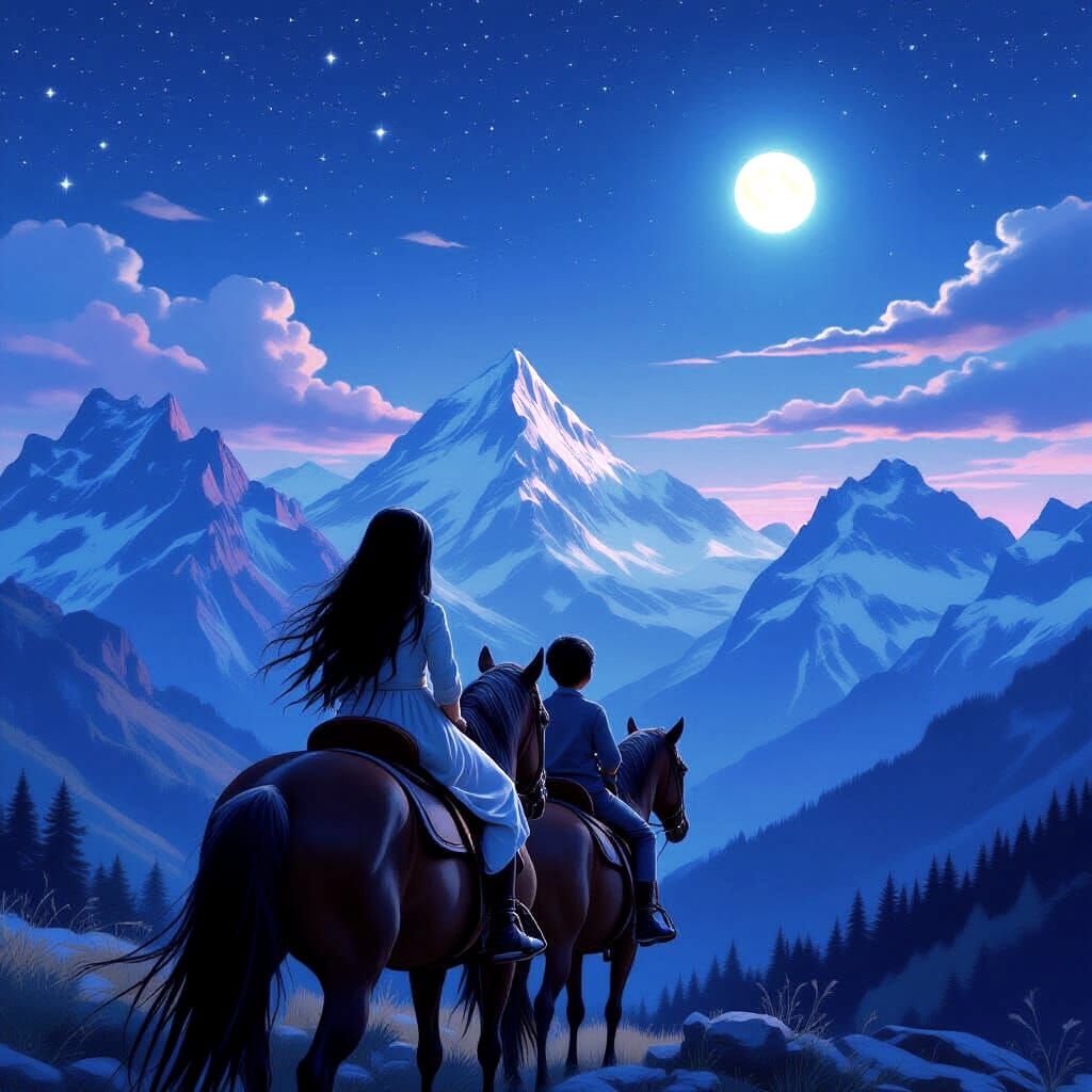 Siblings Ride Horses Under Starry Mountain Sky