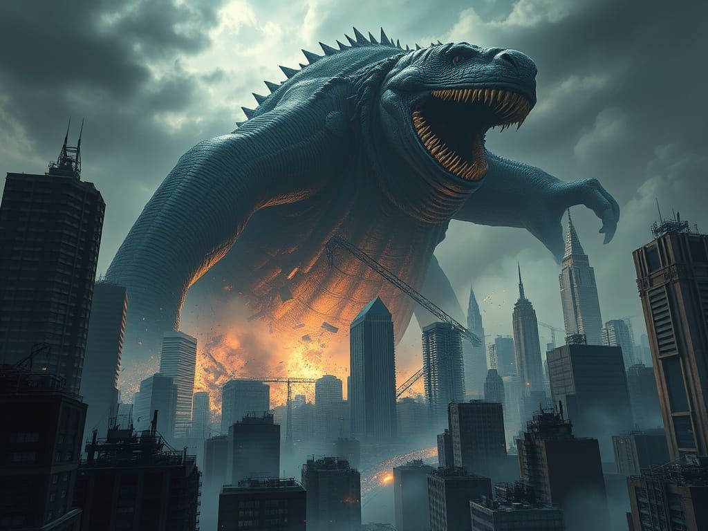 Morbidly Obese Kaiju Destroys City: Surreal Art