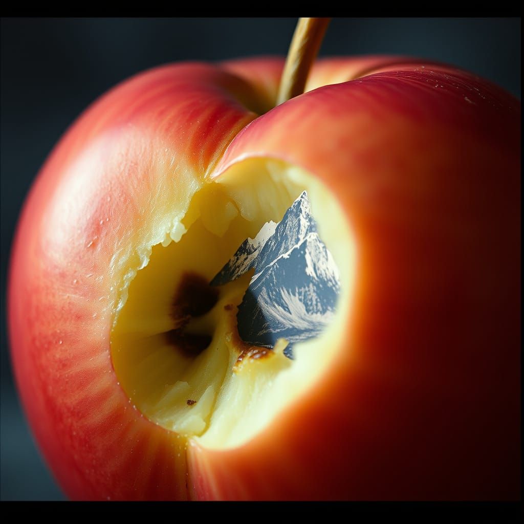 Bitten Apple in a Majestic Mountain Landscape