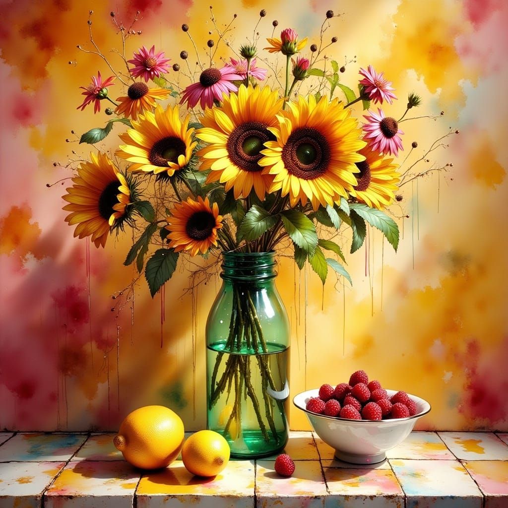 Sunflowers and Zinnias Still Life in Ink Art Style