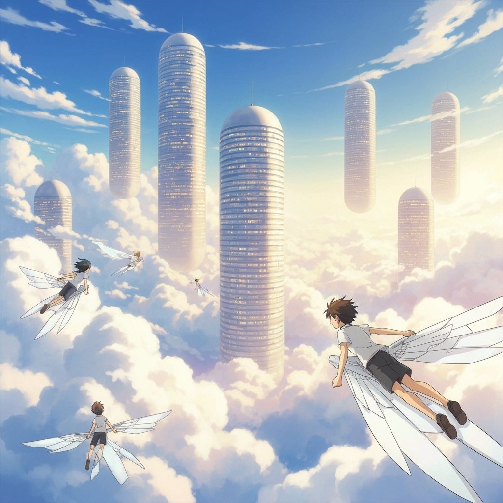 Floating Cityscape Adventure in Studio Ghibli Anime Style