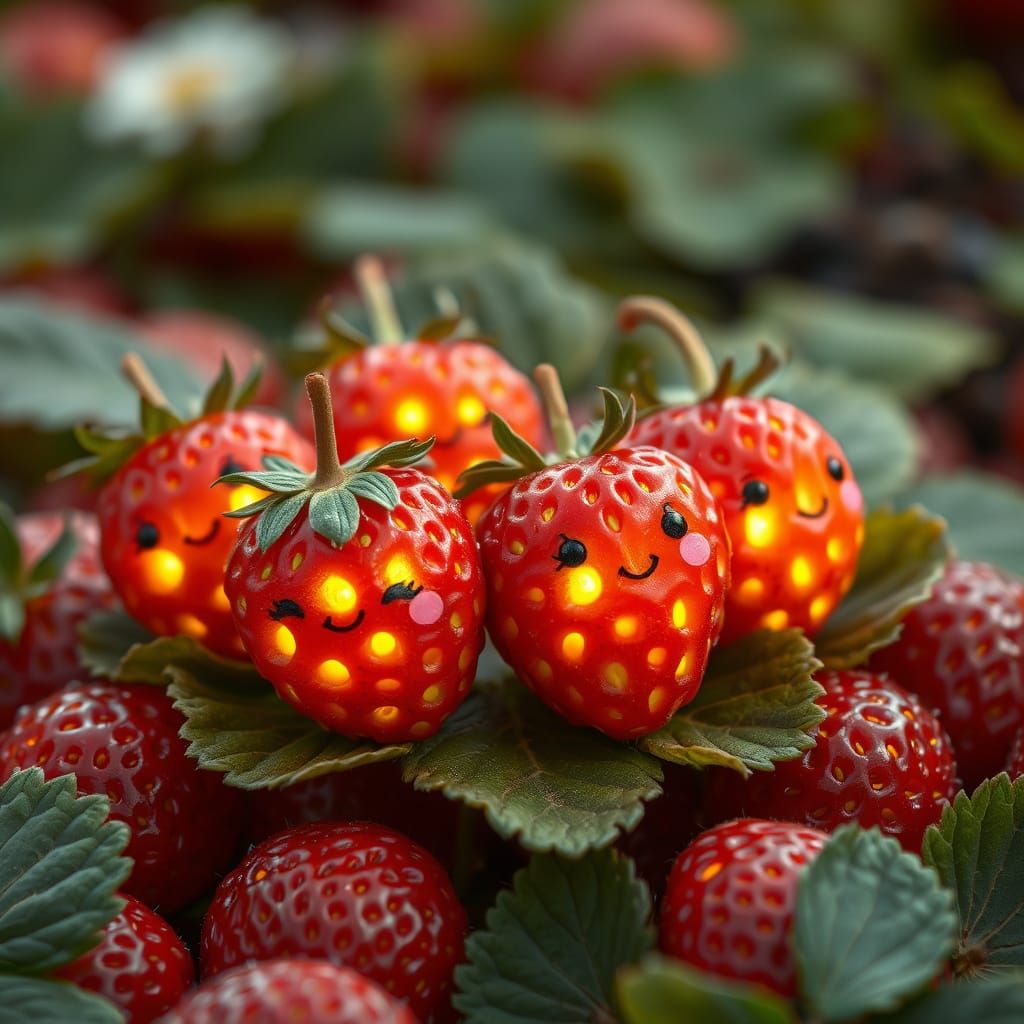 Adorable Strawberries with Glowing Seeds and Cute Faces