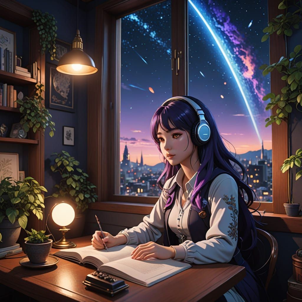 Surreal Lofi Girl in Nighttime Cityscape with Comet