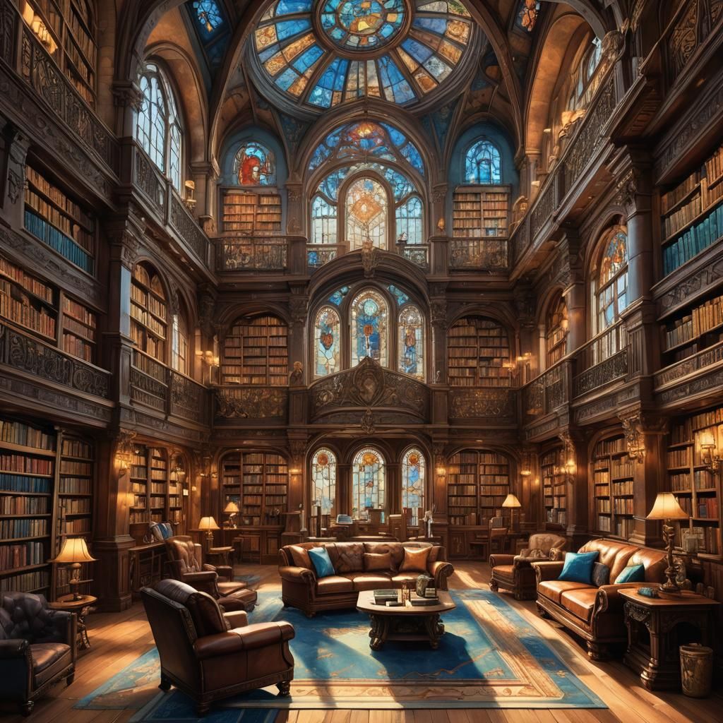Cozy Fantasy Library with Golden Light
