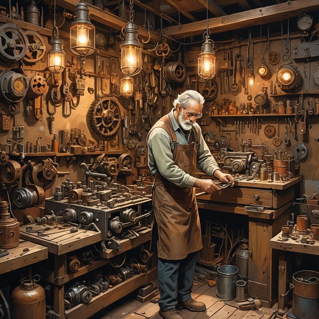 Inventor Assembling Car in Workshop: Oil Painting