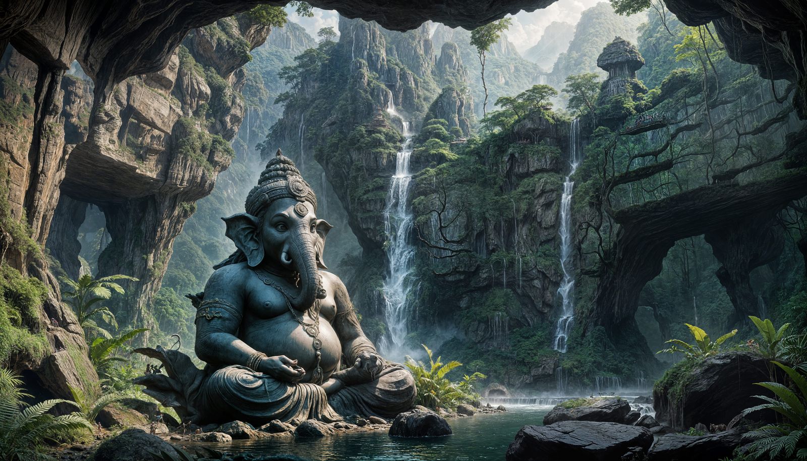Rainforest Cave with Stone Ganesh in Matte Painting Style