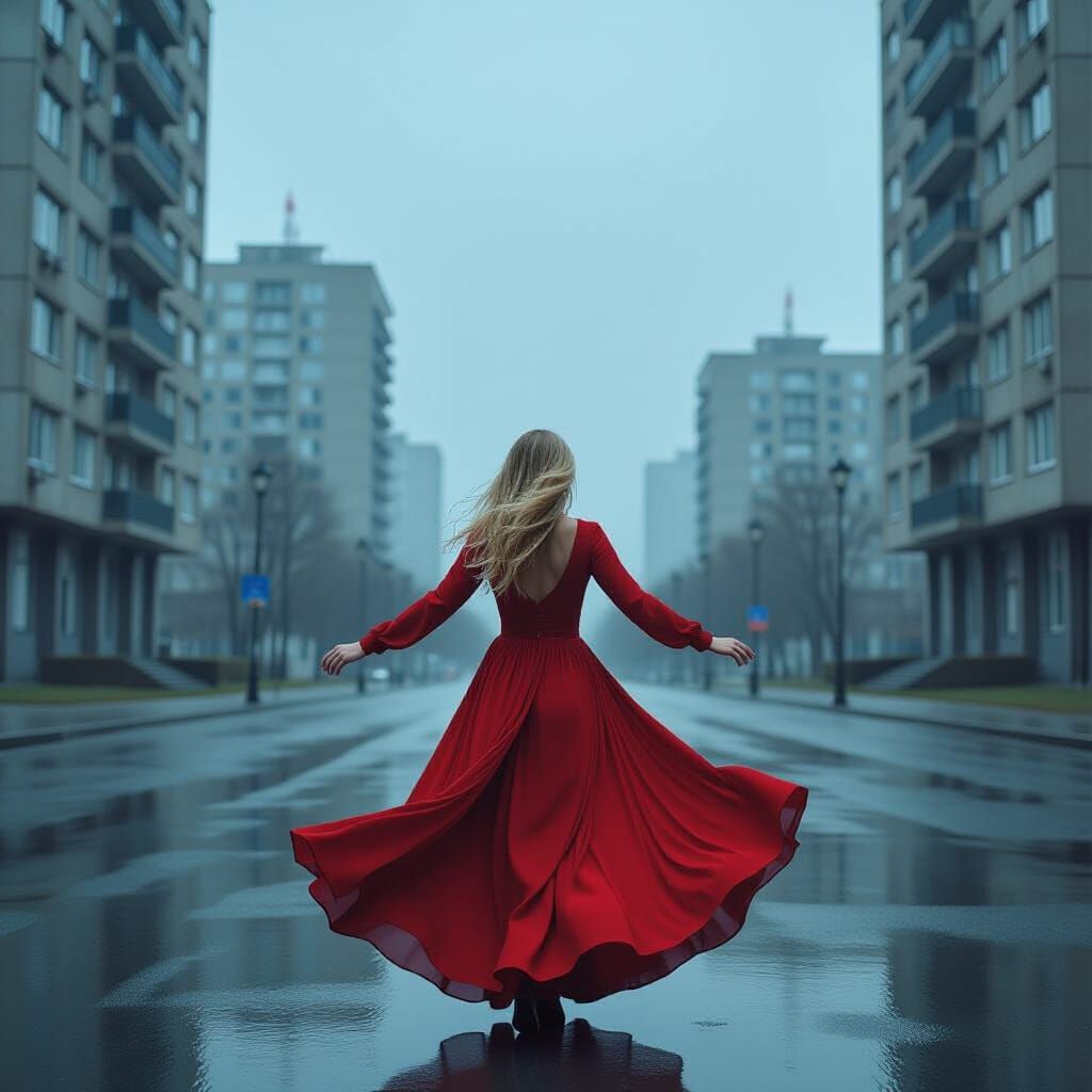Woman Dancing in the Rain Amidst Brutalist Architecture