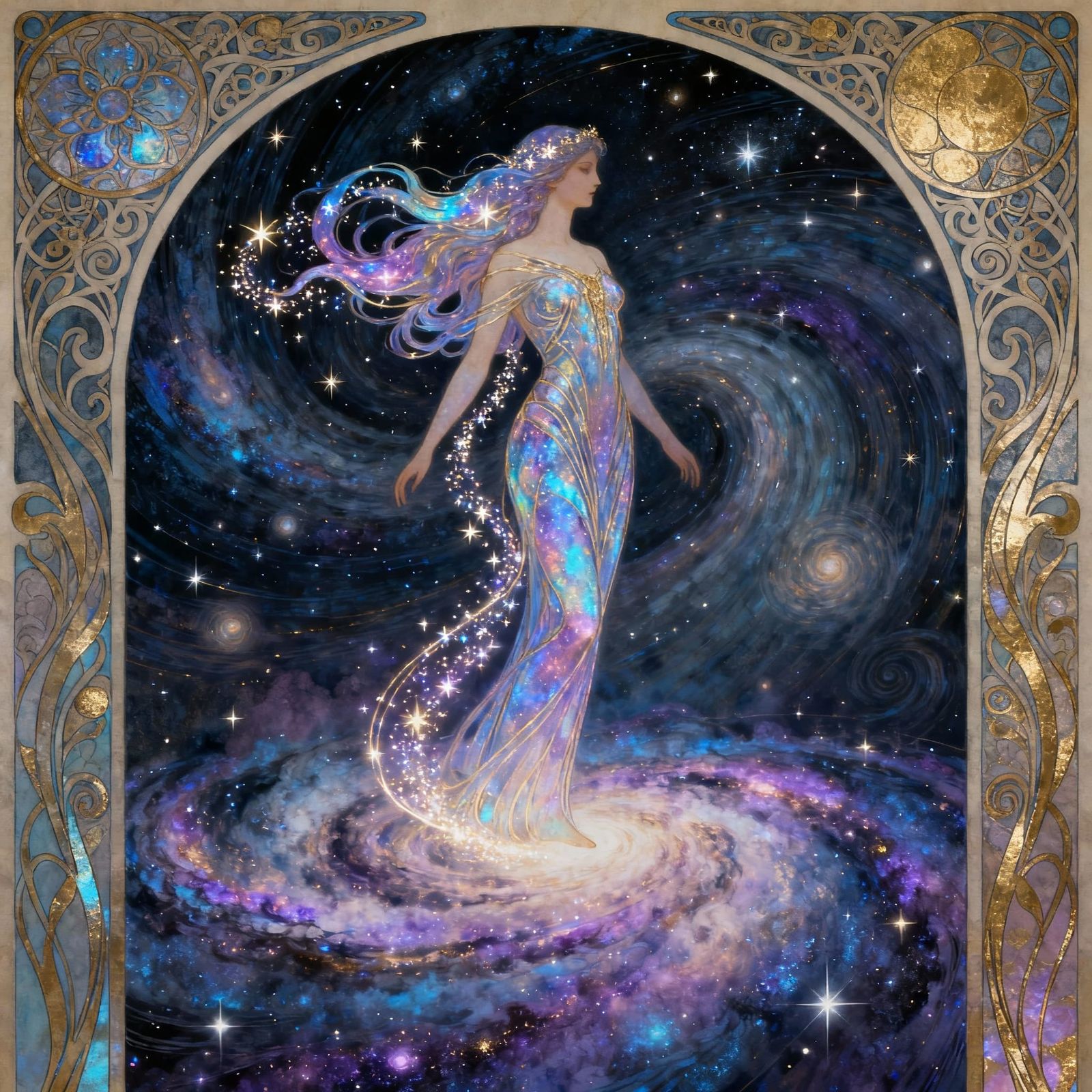 A celestial goddess with flowing, stardust-infused hair, sta...