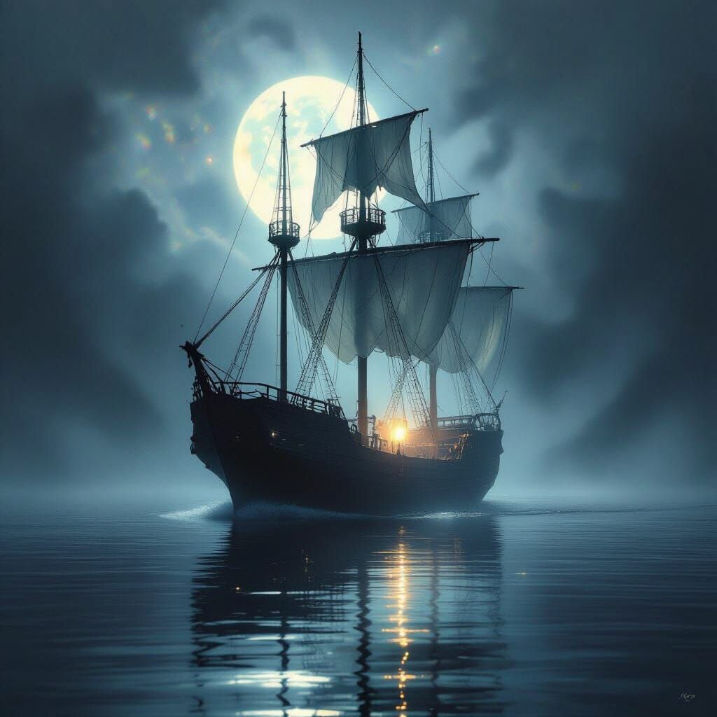 Ghost Ship on Misty Lake Under Moonlight