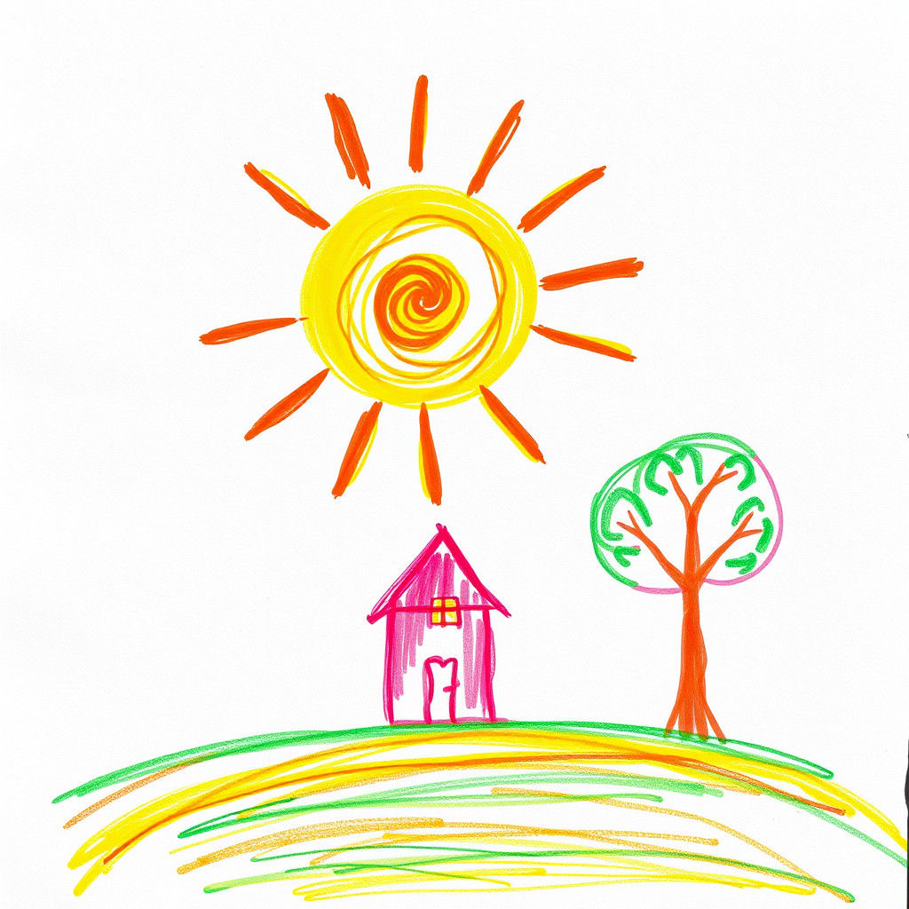 Child's Drawing of a Sunny House in Naive Art Style