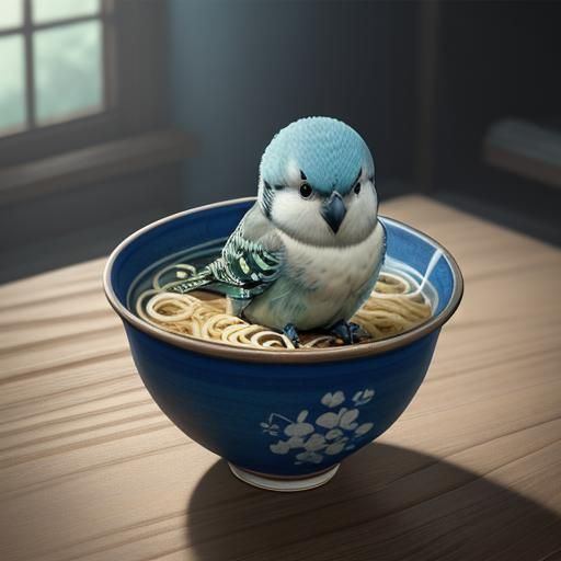Blue Budgie in Ramen Bowl: Ghibli Anime Visual