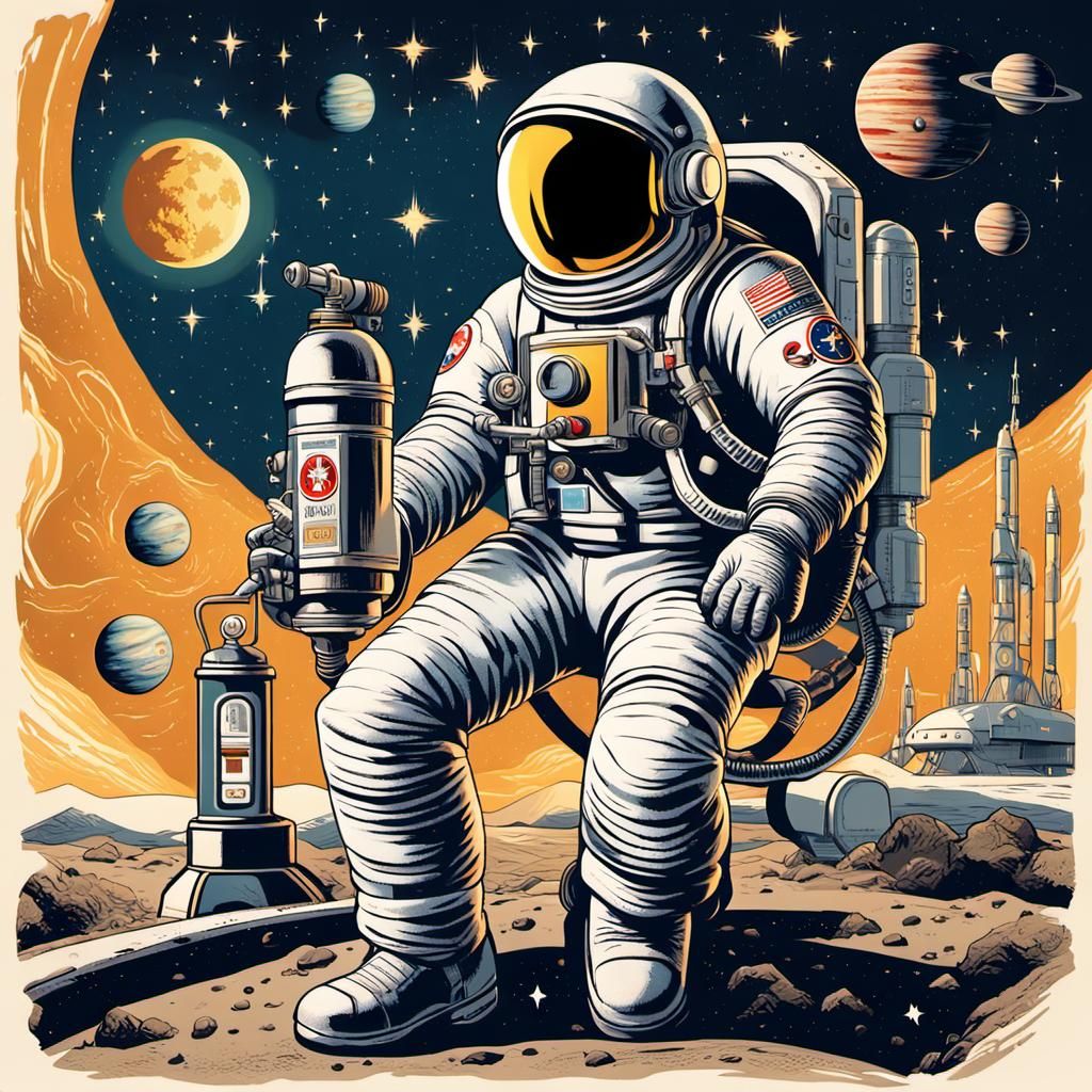 Retro-Futuristic Astronaut Refuels Rocket in Space
