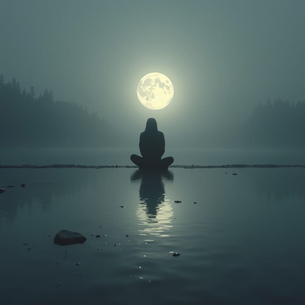 Contemplative Figure Reflecting in Moonlit Lake
