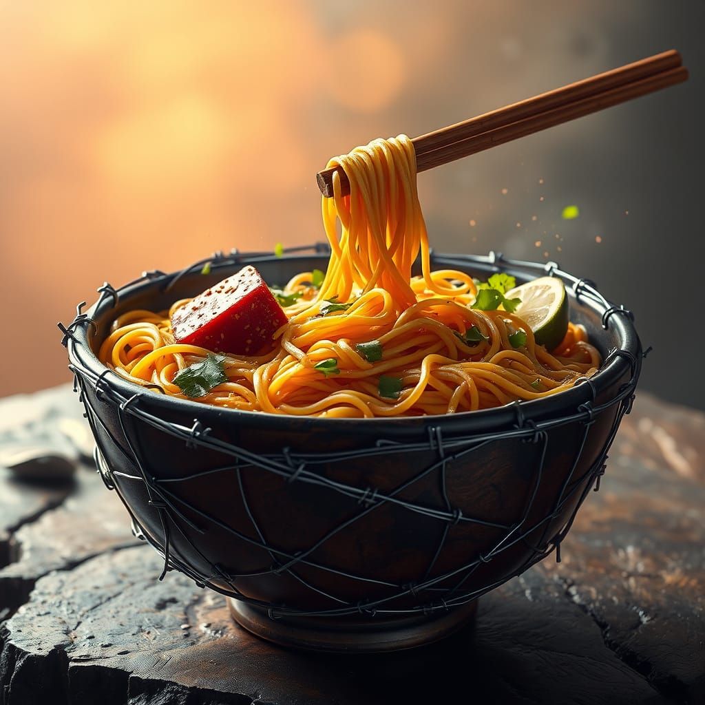 Surreal Barbed Wire Noodle Bowl: Detailed Matte Painting