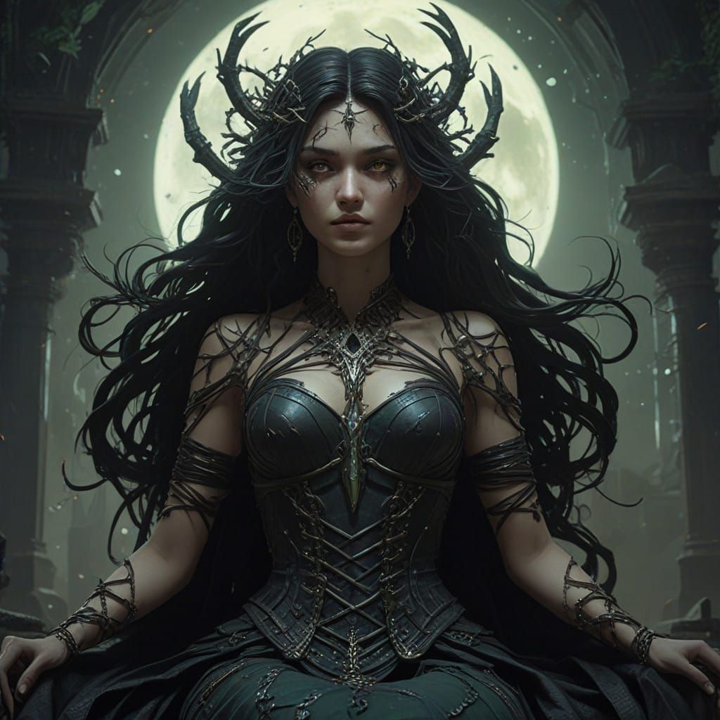 Mystical Sorceress Enthroned in Shadowy Forest