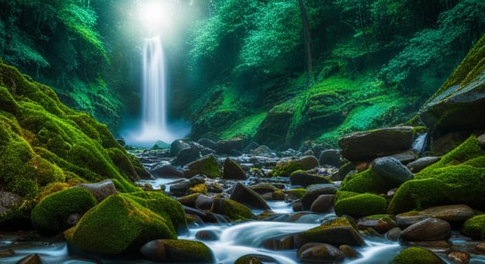 Photorealistic Waterfall in Mysterious Forest Clearing