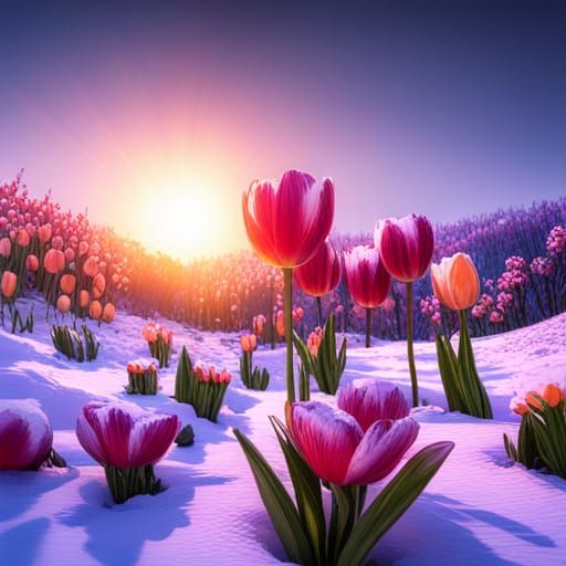 Hyperrealistic Tulips Blooming in Snow, Art Nouveau Style