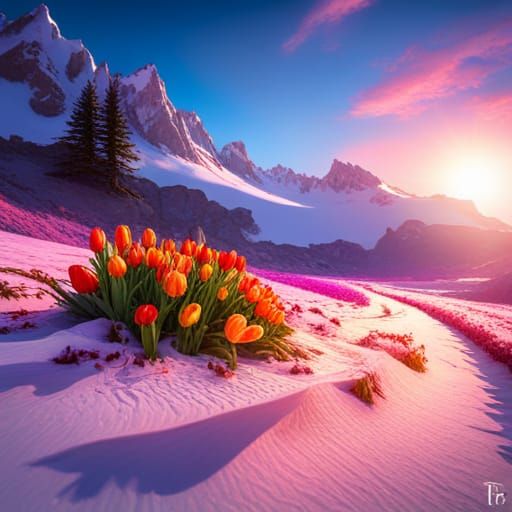 Peach and Purple Tulips Blooming in Snow