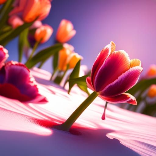 Peach and Purple Tulips Bloom in Art Nouveau Style