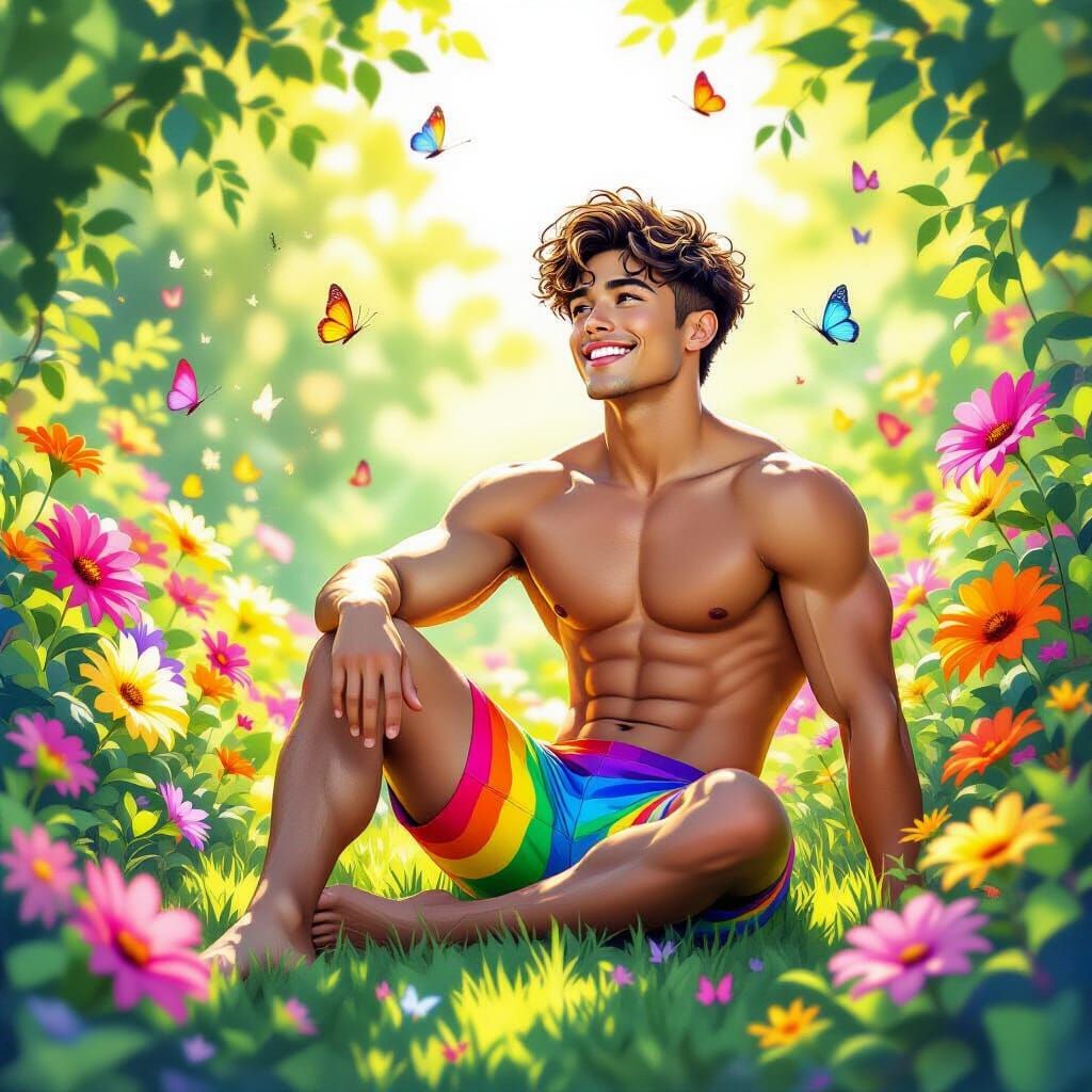 Magical Watercolor: Man in Rainbow Shorts in Lush Garden