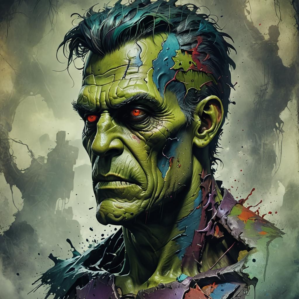 Real looking colorful Frankenstein face profile scary painting
