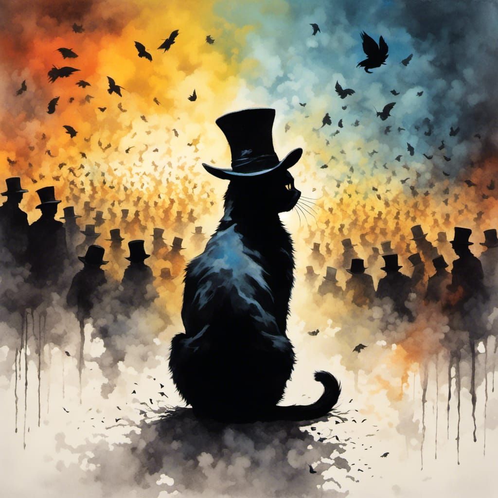 Silhouette of Black Cat in Ink Painting Style