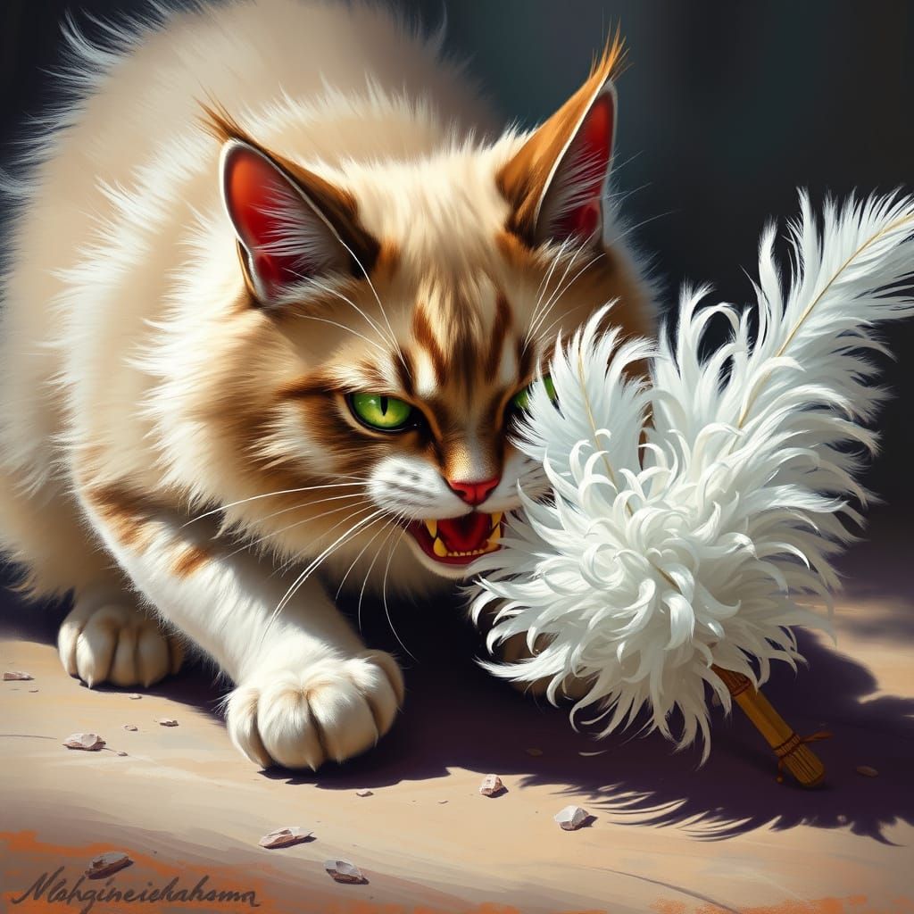 Persian Cat's Fierce Attack on Feather Duster