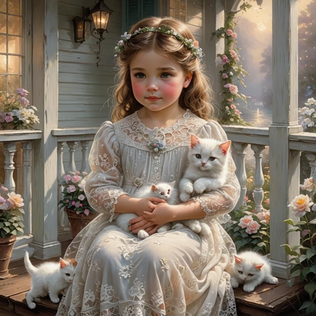Infant Girl with Kittens in Ethereal Lighting