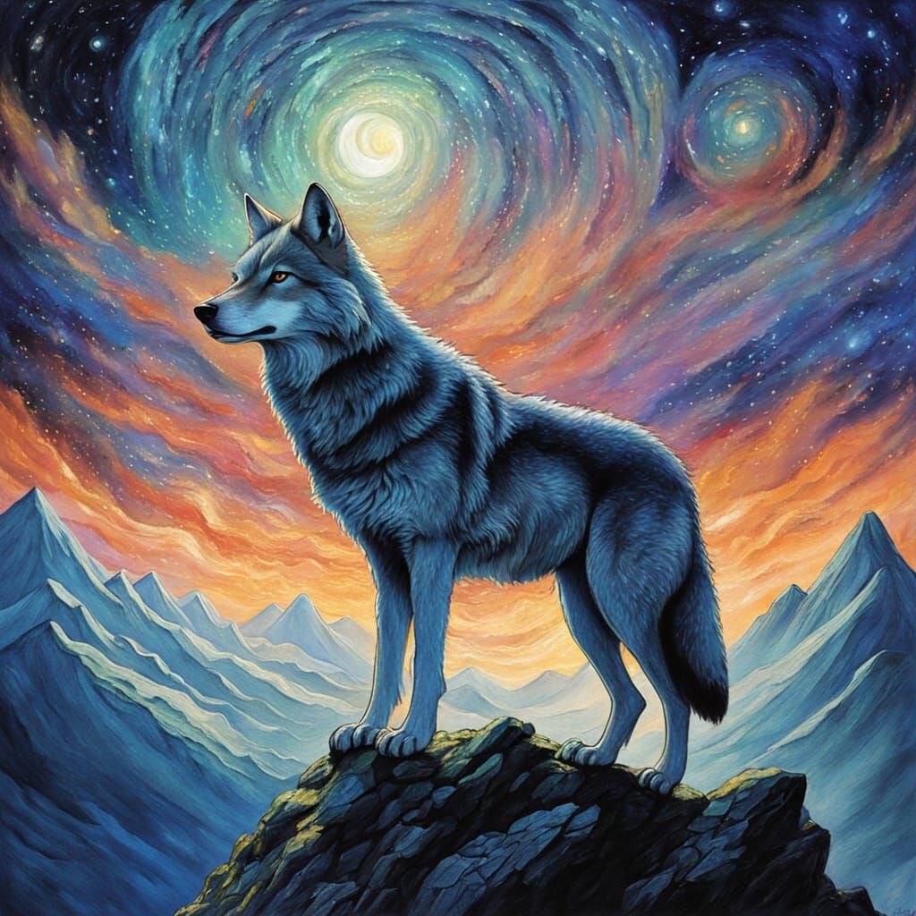 Ethereal Wolf Amidst Celestial Whirlwinds in Art Nouveau Sty...