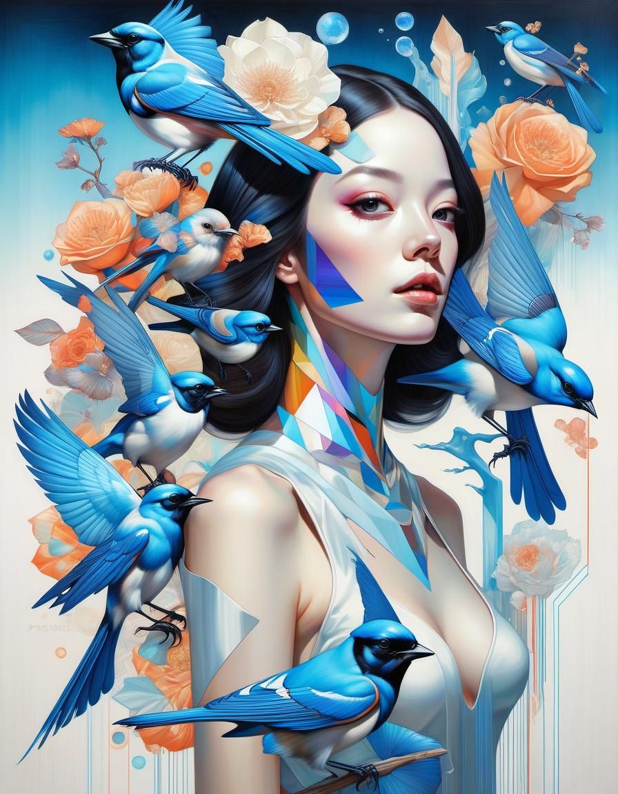 Woman and Azure Magpies in Hyperrealistic Portrait