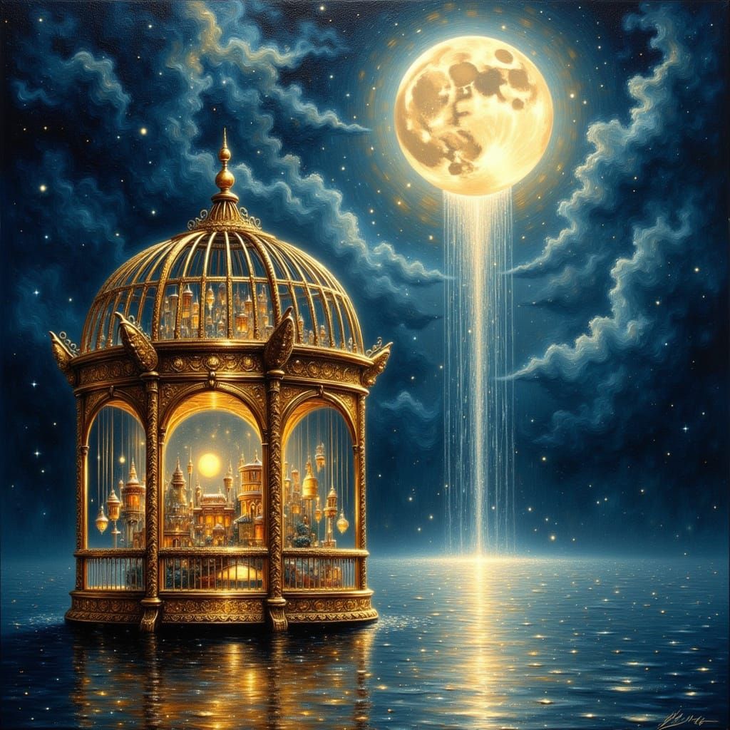 Stormy Castle Floods Gilded Cage Under Moonlit Sky