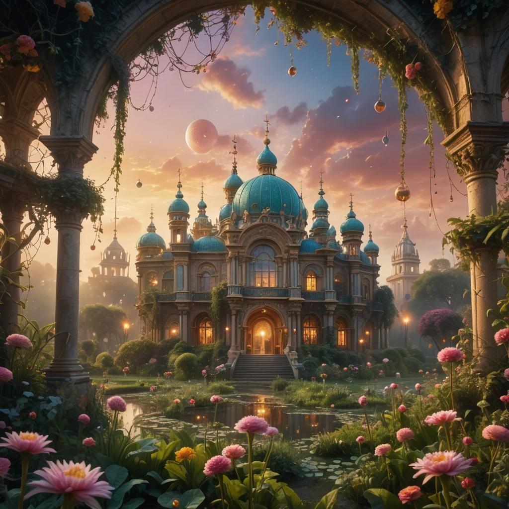 Mystical Palace in Lush Garden: Baroque Digital Art