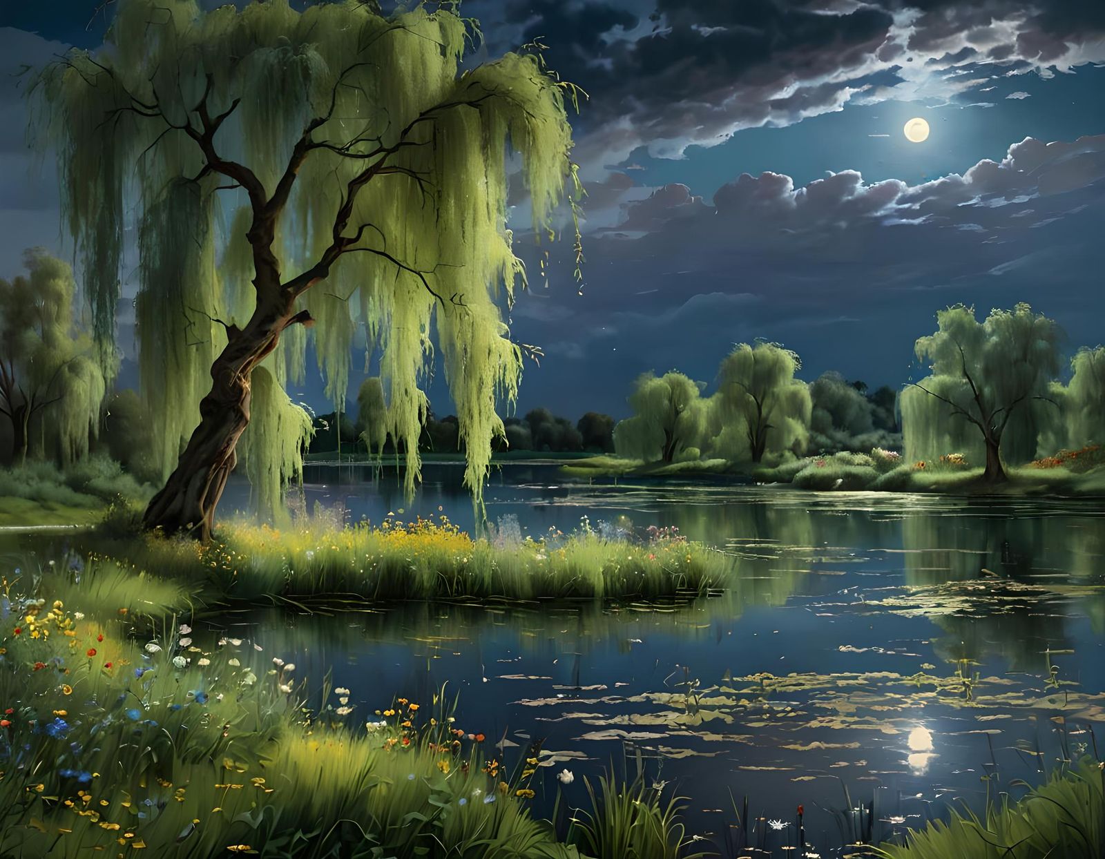 Moonlit Lake with Weeping Willows in Oil