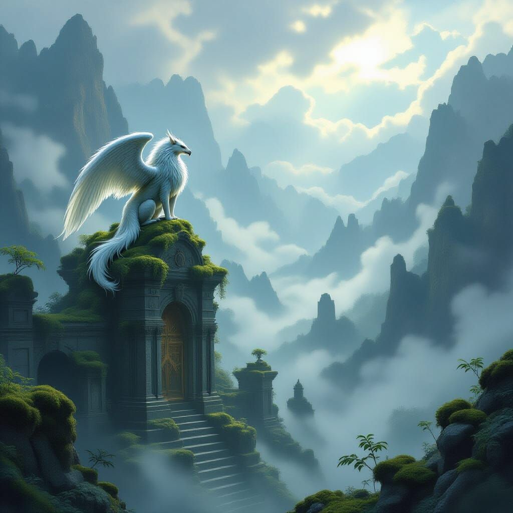 Gryphon Surveys Misty Valley in Fantasy Concept Art Style