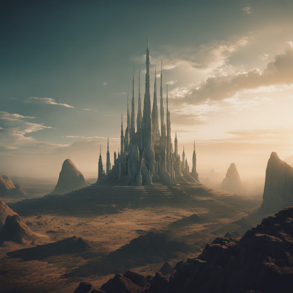 Majestic Alien Architecture in a Sci-Fi Landscape