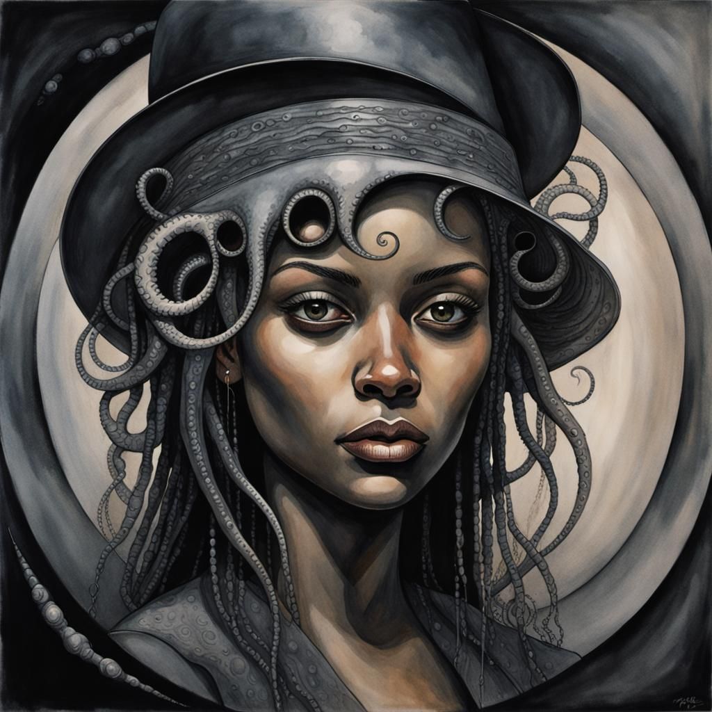 Surreal Watercolor: Woman in Fedora with Tentacles