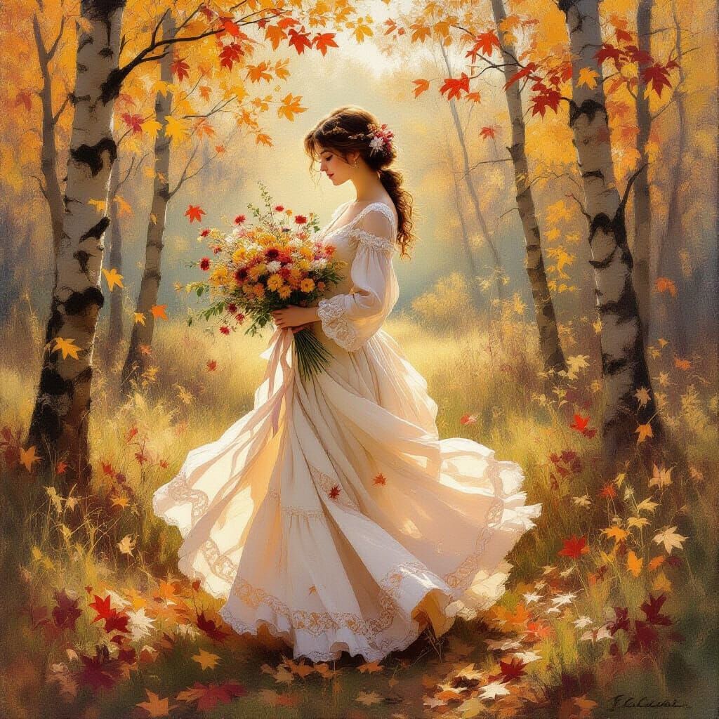 Ethereal Woman in Forest Clearing, Impressionistic Style