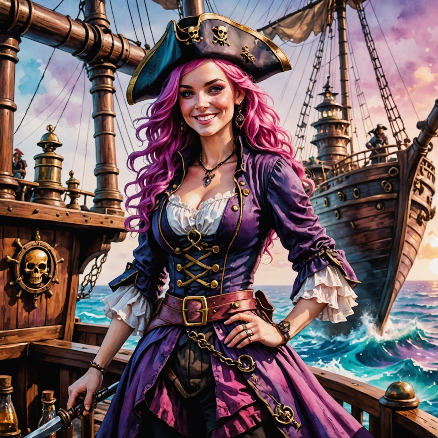 Surreal Pirate Goddess in Alcohol Ink Style