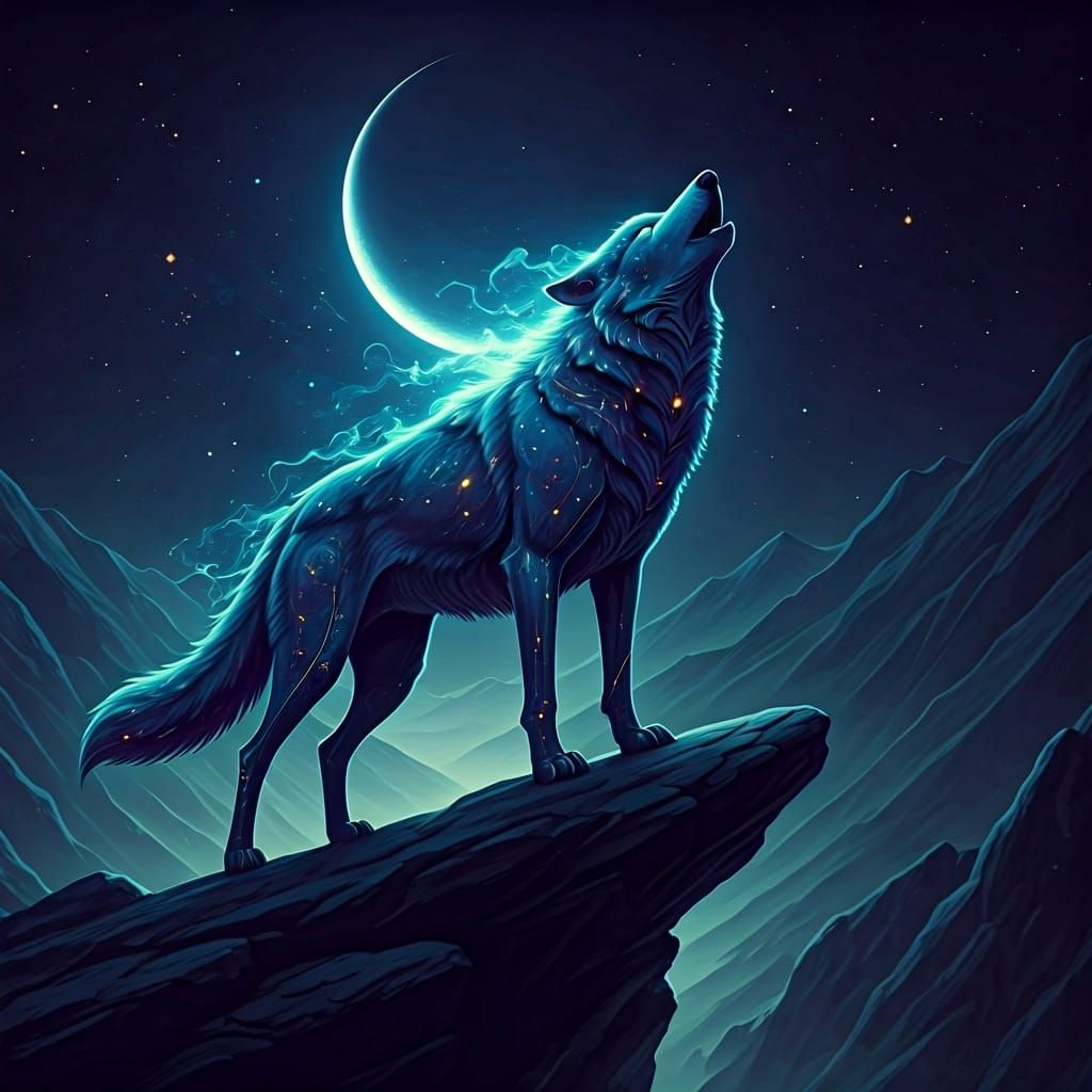 Nebula Wolf Howling at Moon in Cosmic Horror Style