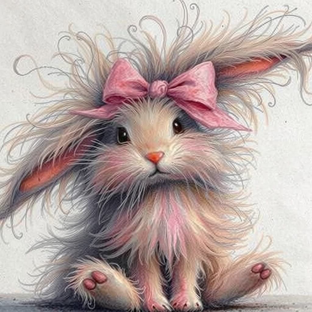 whimsical wispy haired rabbit with its ears going right and left, it has a pink bow on its head and a few pink highlig...