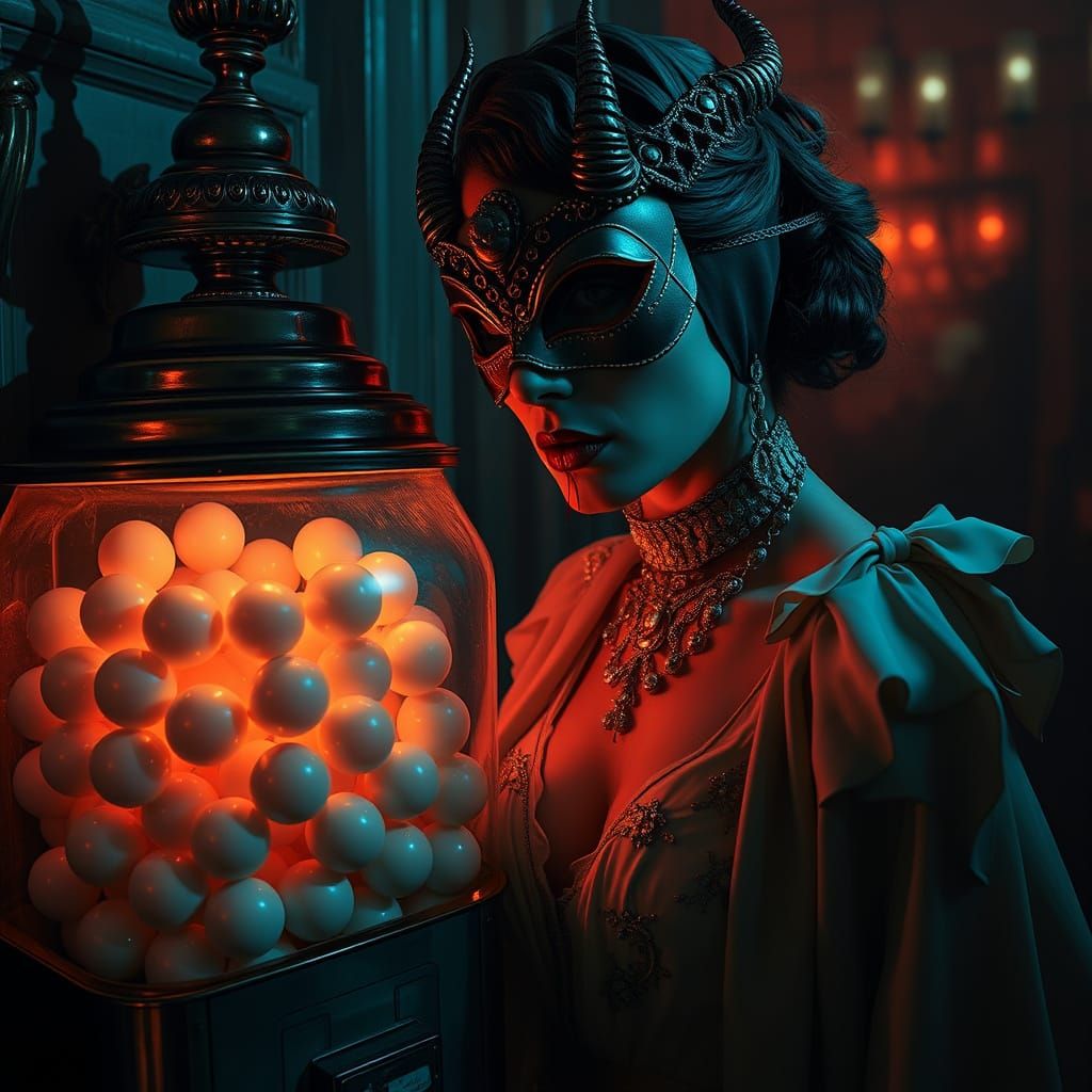 Gilded Age Siren Beside Vintage Bubble Gum Machine in Film N...