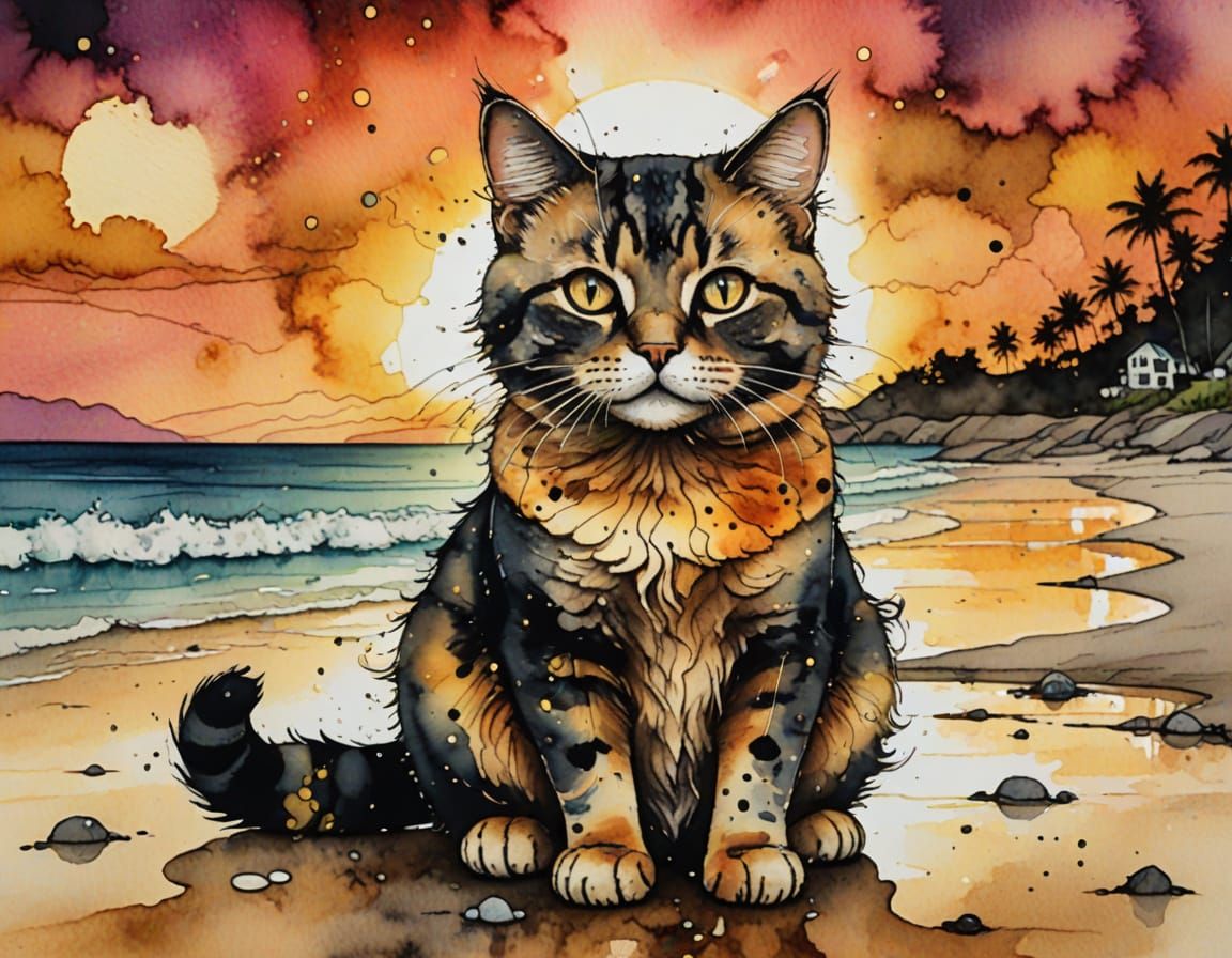 Cute Cat on Beachfront in Watercolor and Ink