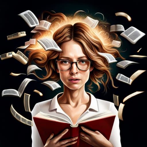 Woman Reading with Floating Story Illustrations