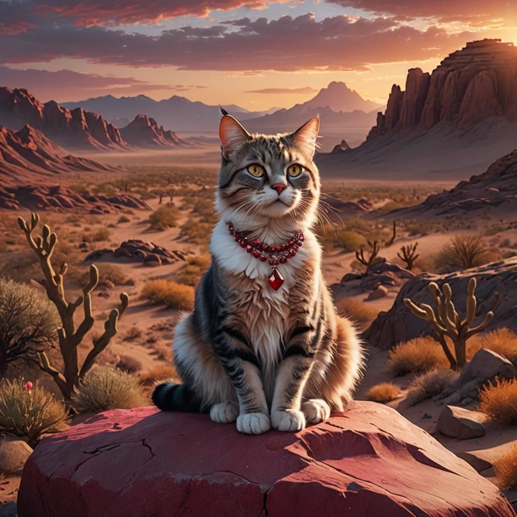 Cat with Ruby Necklace at Desert Sunset