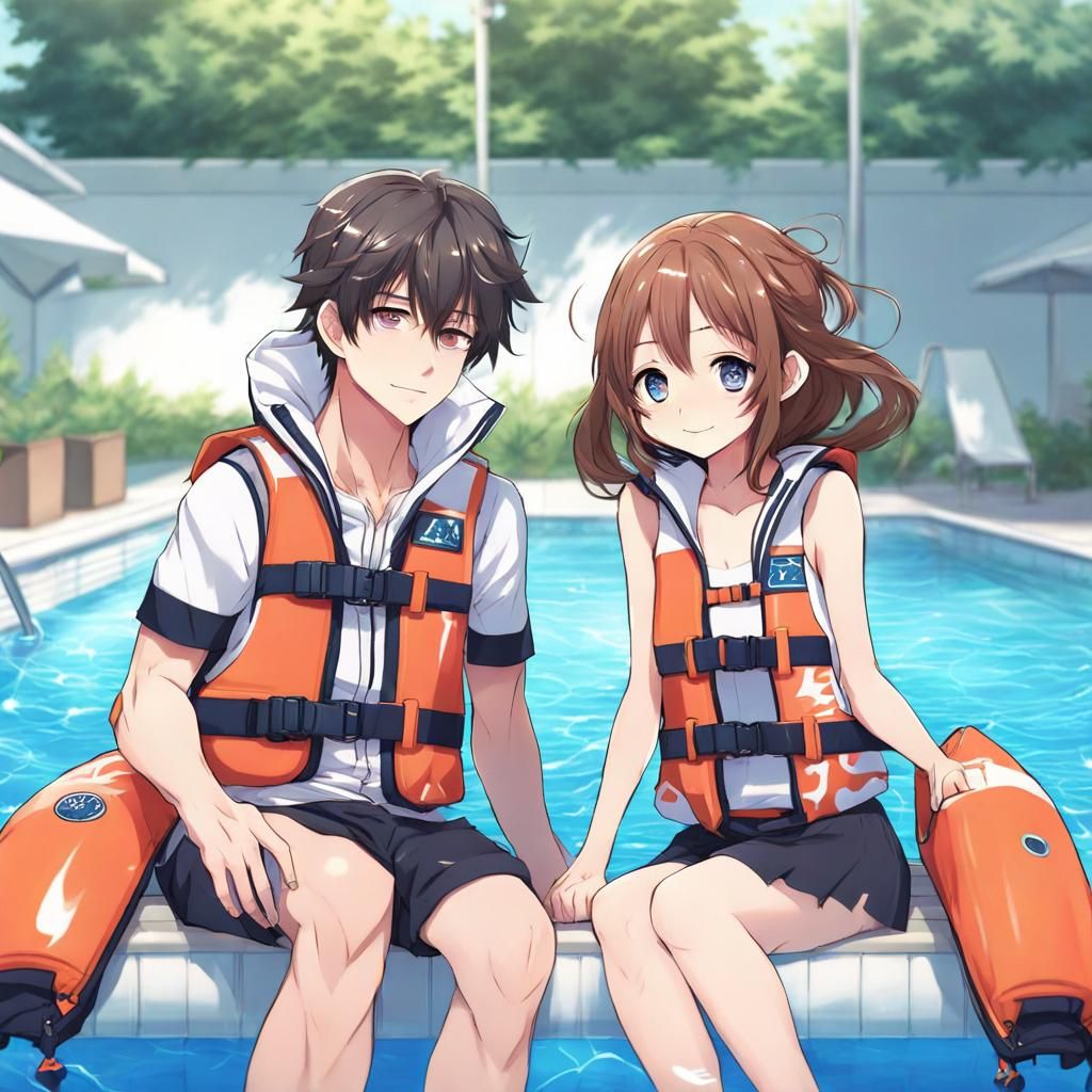 Anime Couple in Life Jackets at the Pool