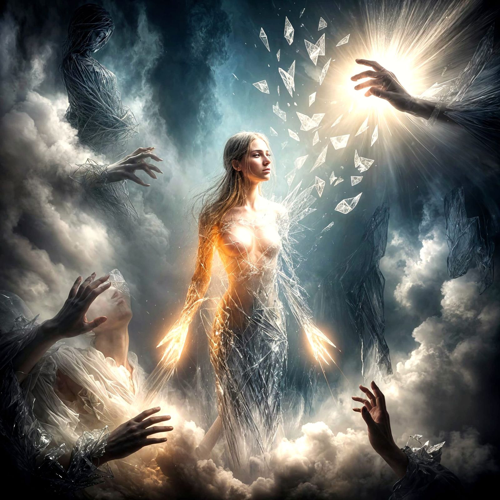 Surreal Painting of Light Figure Overcoming Shadowy Touch