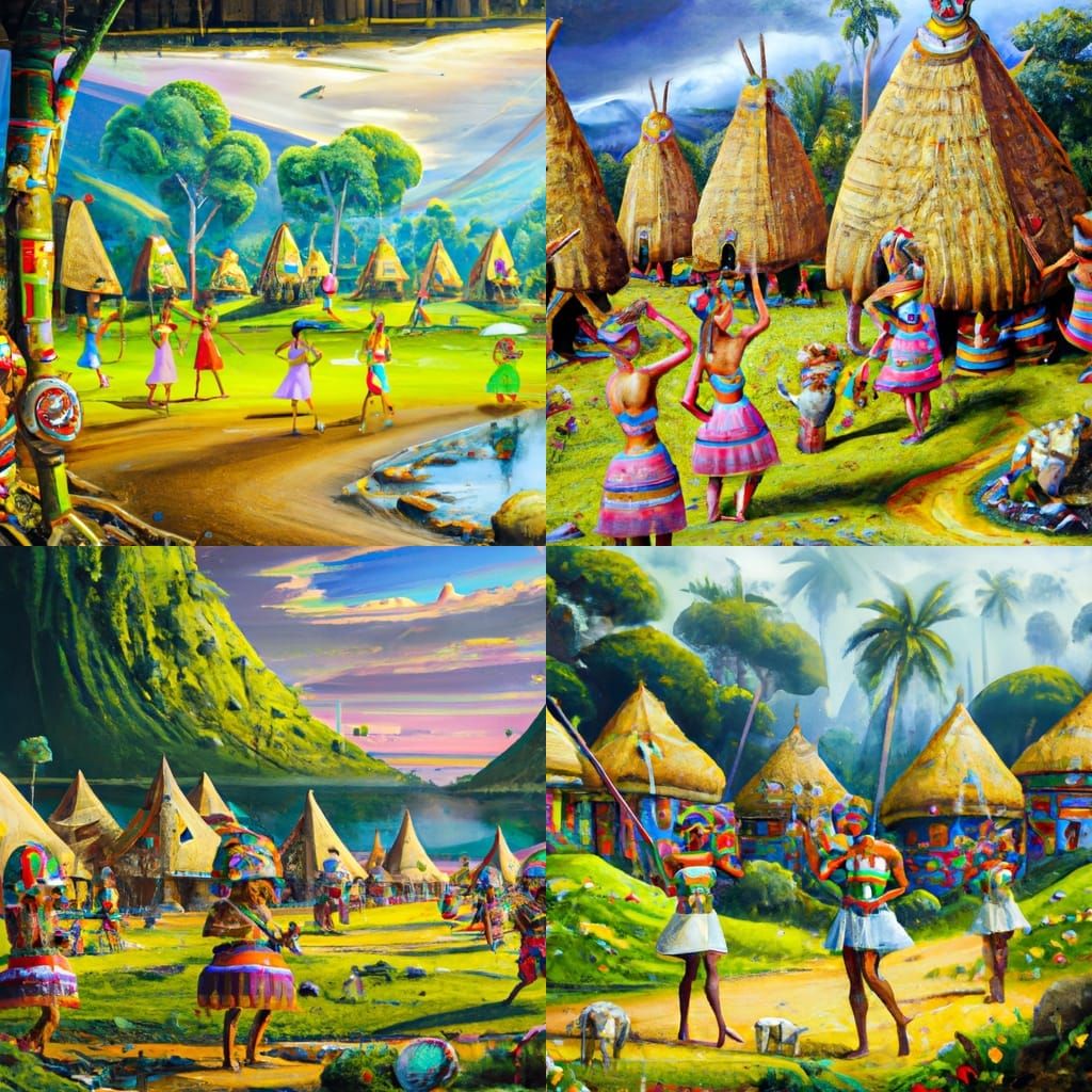 Jakun Aborigine Settlement: Colorful Oil Painting