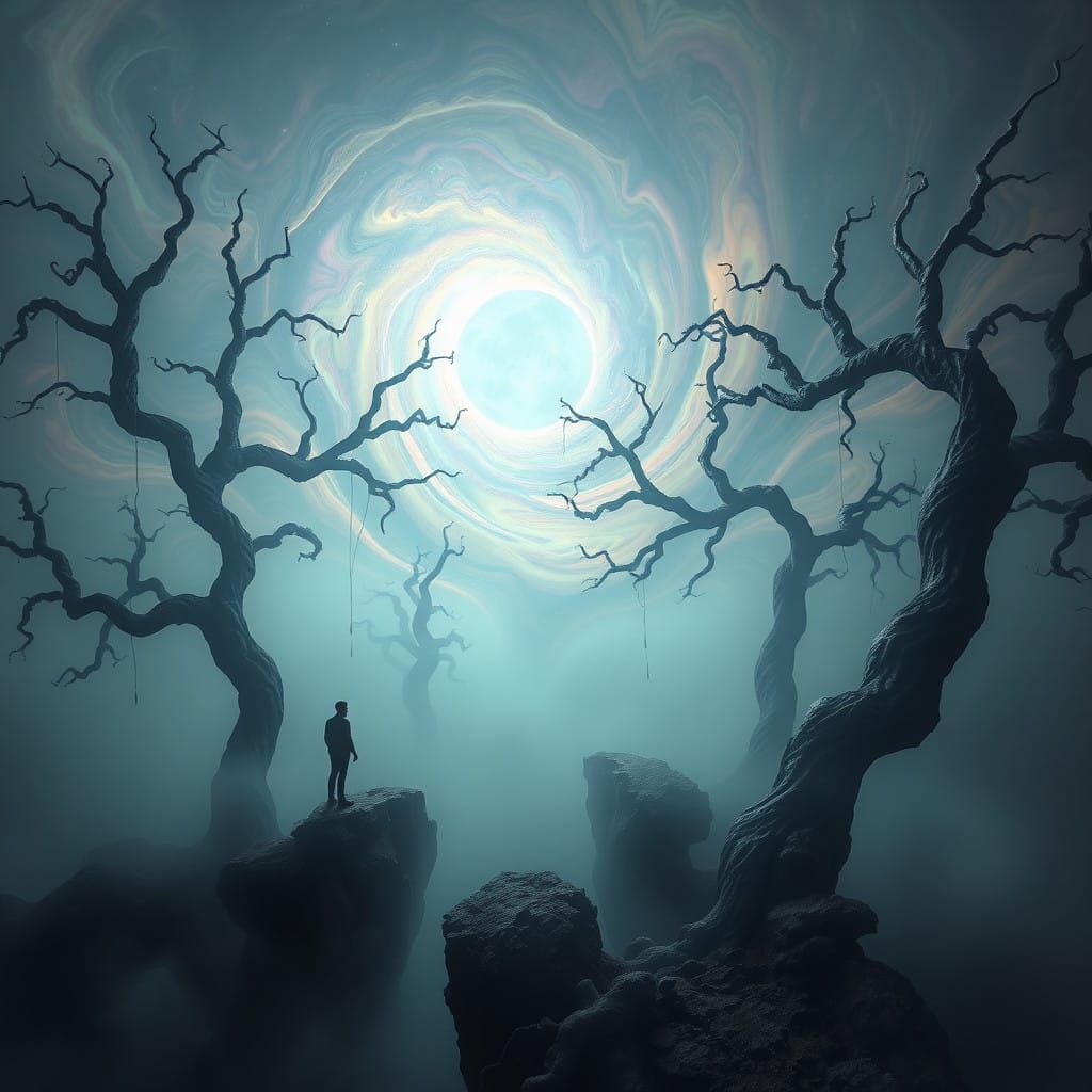 Surrealist Dreamscape with Biomechanical Trees and Iridescen...